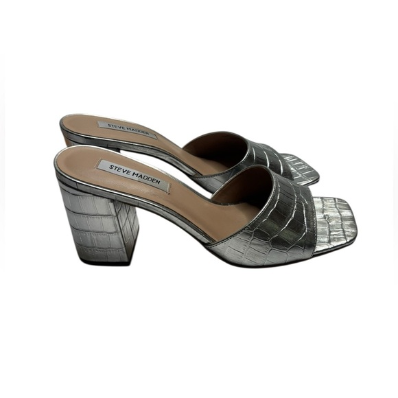 Steve Madden Silver Alaya Heeled Metallic Mules Size 9.5 CrocEmbossed Leather - Picture 4 of 9